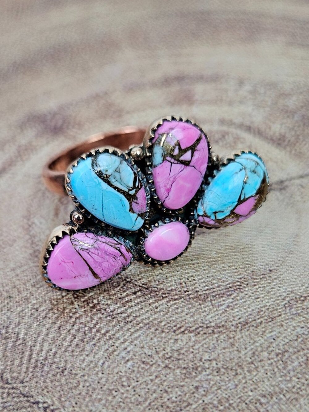 Cotton Candy Turquoise Copper Large East-West Half Cluster Flower Ring 5-12